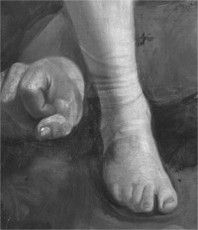 Reflectographie de David avec la tête de Goliath par le Caravage   détail du pied