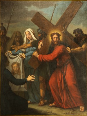 Station VI  Véronique essuie la face de Jésus, peinture de Trézel, 1846, église Sainte Marguerite, Paris